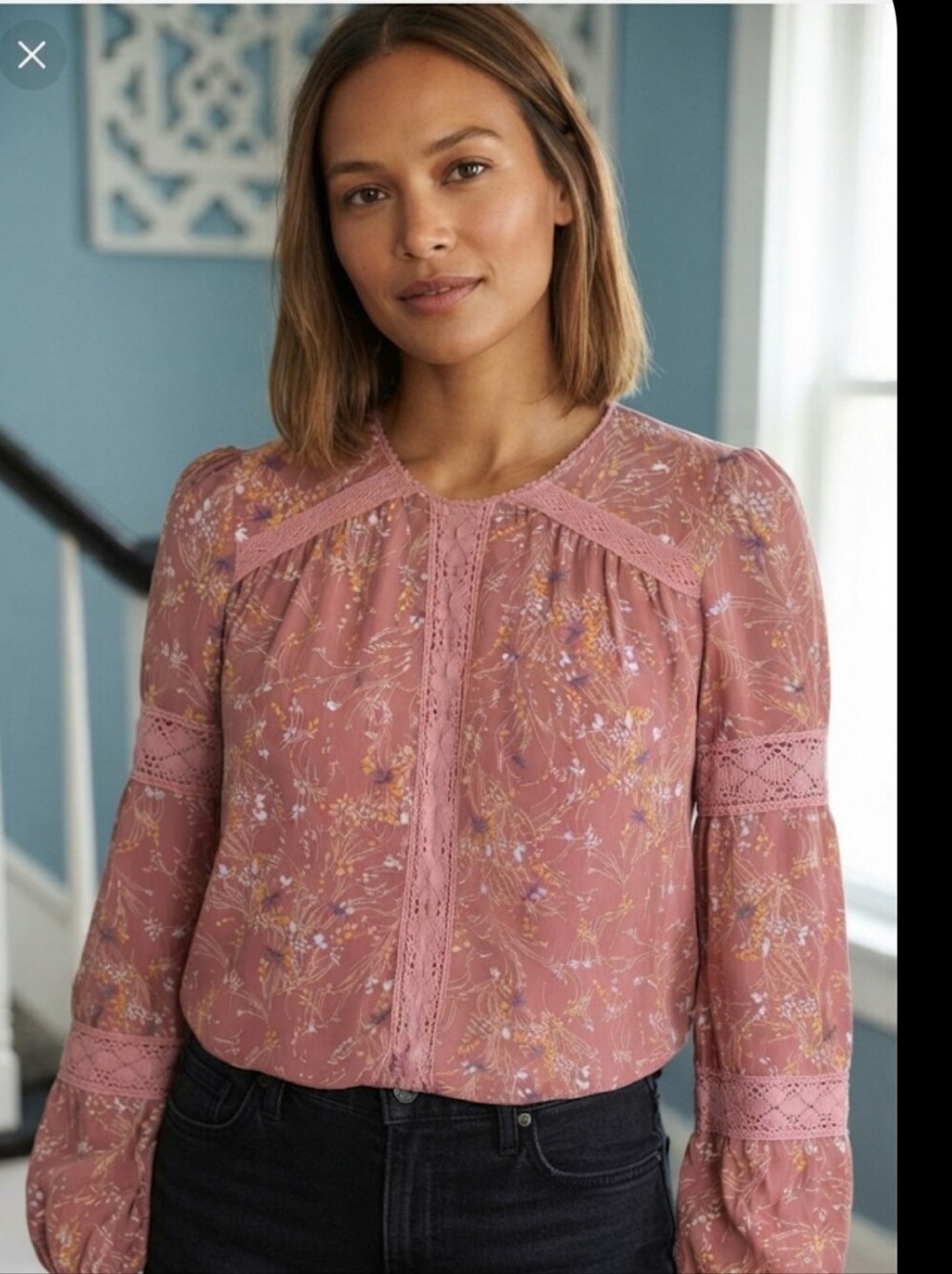 & Merci Floral Lace-Trim Women's Blouse - Dusty Rose